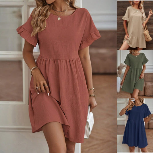 2024 Spring and Summer Ladies Elegant Round Neck Loose Cotton and Linen Dress