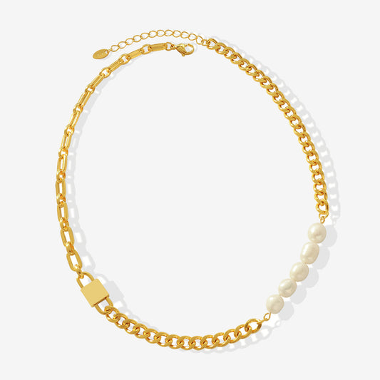 Baroco Style Chunky Chain Splicing Locker Head & Pearl Necklace